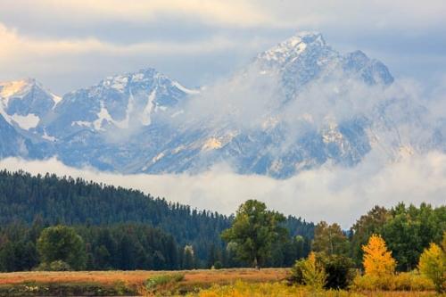 Blue;Bluff;Brown;Cloud;Cloud Formation;Clouds;Cloudy;Forest;Forested;Gold;Grand Tetons;Green;Mist;Mountain;Mountain Side;Mountain Top;Mountainous;Mountains;Mountainside;Obscured;Oneness;Orange;Pastoral;Peaceful;Pinnacle;Sky;Summit;Sunlight;Sunlit;Sunshine;Tan;Timberland;Trees;Weather;Wood;Woodland;Woods;Wyoming;Yellow;fog;foggy;haze;misty;zen
