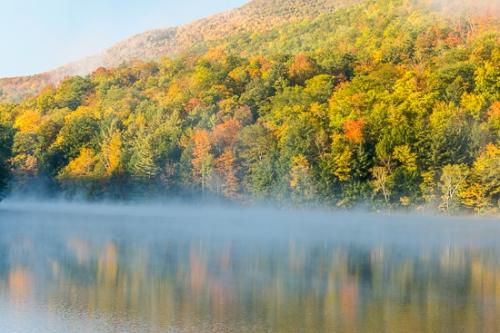 Autumn;Blue;Brown;Calm;Emerald Lake;Fall;Fog;Forest;Forested;Gold;Healing;Health care;Healthcare;Mirror;Mountain;Mountain Side;Mountain Top;Nature;New England;Obscured;Pastoral;Ripple;Seascape;Seasons;Tan;Timber;Timberland;Tree;United States;Vermont;Warm Colors;Warm Palette;Warm Tones;Water;Wood;Woodland;Woods;Yellow;color;foggy;green;haze;hillside;lake;landscape;leaves;mist;misty;oneness;orange;peaceful;reflection;reflections;restful;serene;soothing;tranquil;trees;zen