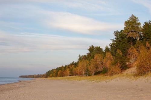 Landscape;Cloud;Michigan;Autumn;Tan;tree;Cloud Formation;trees;White;Shoreline;Lake Superior;Yellow;Shore;Sky;Outdoor;Fall;Orange;Beaches;Sand;Blue;Forest;Pictured Rocks National Seashore;Green;Weather;Lake Shore;Beach;Upper Peninsular;Great Lakes;Clouds;Gold