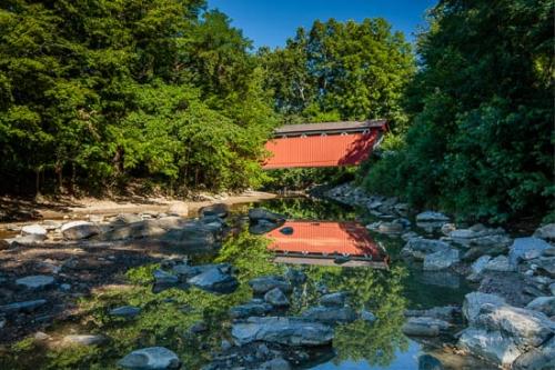 Blue;Boulder;Boulders;Bridge;Covered Bridge;Flow;Green;Mirror;Ohio;Red;Reflection;Reflections;River;Rock;Rocky;Stone;Stones;Stream;Stream Bank;Water;pool;river bank