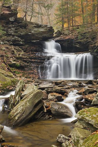 Pennsylvania;Bluff;Precipice;Boulders;Ledge;Brown;Streaming;Rocky;Chute;R. B. Ricketts Falls;Cascading;Waterfall;Waterfalls;Ricketts Glenn State Park;Cascade;Rock;Forest;West Virginia;Stone;Cliff;Rock Face;Escarpment;Water;Rocks;Fall;Stream;Green;Sandstone Falls;Pouring;Stones;Falls;Autumn;Gold;Boulder