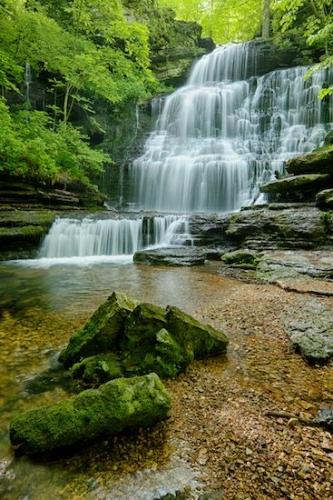Short Springs State Natural Area;Spring;Boulders;Machine Falls;Cascading;Tan;Green;Rock Face;Gray;Forest;Falls;Waterfalls;Stream;Water;Rocks;Brown;Rock Formations;Springtime;Boulder;Waterfall;Pouring;Streaming;Rock
